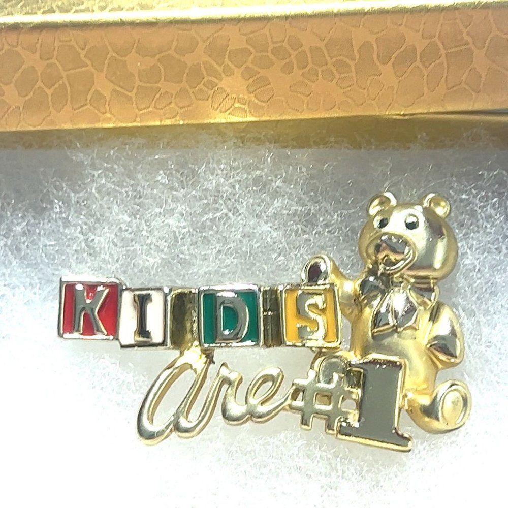Vintage - Signed - Dane Craft - Golden tone Bear Kids are #1 enamel Brooch Pin